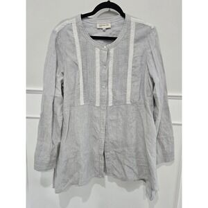 Jones New York Sport Gray 100% Linen Lace Trim Pleated Bib Tunic Blouse XL